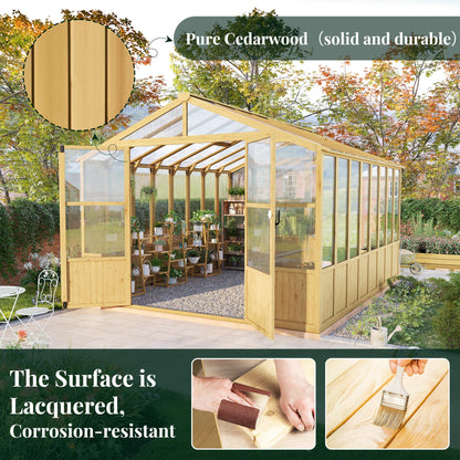 Jocisland 10x13.2 Ft Wood Greenhouse, Wooden Greenhouse for Outdoors with Lockable Door, Walk-in Cedar Greenhouse with Adjustable 2 Roof Vents, Polycarbonate Greenhouse for Outdoors, Garden, Backyard