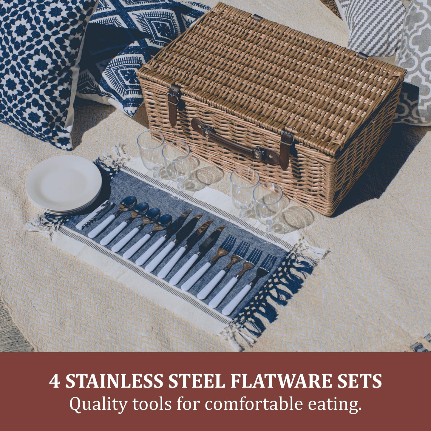 Picnic TME Belmont Picnic Basket for 4, Insulated Wicker Basket Set with Porcelain Plates, Stainless Steel Flatware, Wine Glasses, Cooler, Leatherette Straps, Gift (Navy Blue & White Stripe)