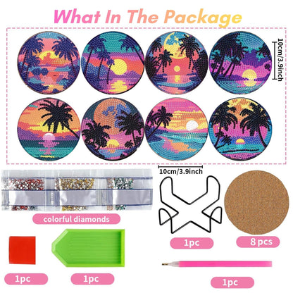 Bloomthread Sunset Beach Diamond Art Coasters Kits with Holder- 8 Pcs Acrylic Diamond Painting Coasters for Adults Beginners, DIY Craft Art Kits (Sunset)