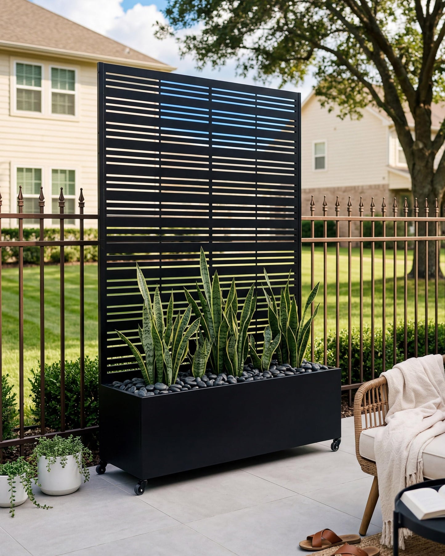 TinFrey 73" Tall Privacy Planters with Trellis, Freestanding Metal Planter Box with Trellis on Wheels, AC Unit Cover for Patio, Hide Trash Cans Pool Equipment, 5 Built-in Drainage Holes - Black