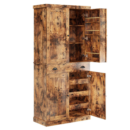 IRONCK Kitchen Pantry Cabinet 72" Height, Freestanding Cupboard with Drawer, Sliding Storage Rack, and 6 Hanging Shelves for Dining Room, Laundry, Living Room, Vintage Brown