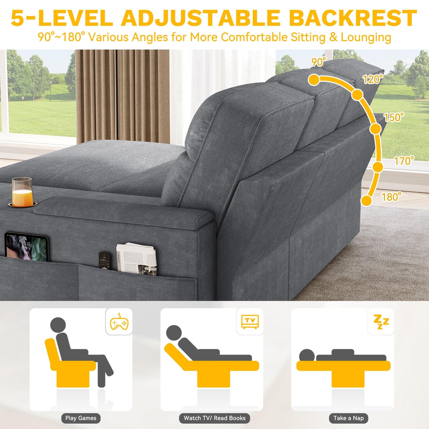 DWVO Convertible Sleeper Sofa with Adjustable Backrest & Pull Out Bed, L-Shaped Sectional Sofa Bed with Armrest & USB Port, Upholstered Sectional Couch for Living Room, No-Tool Assembly, Grey