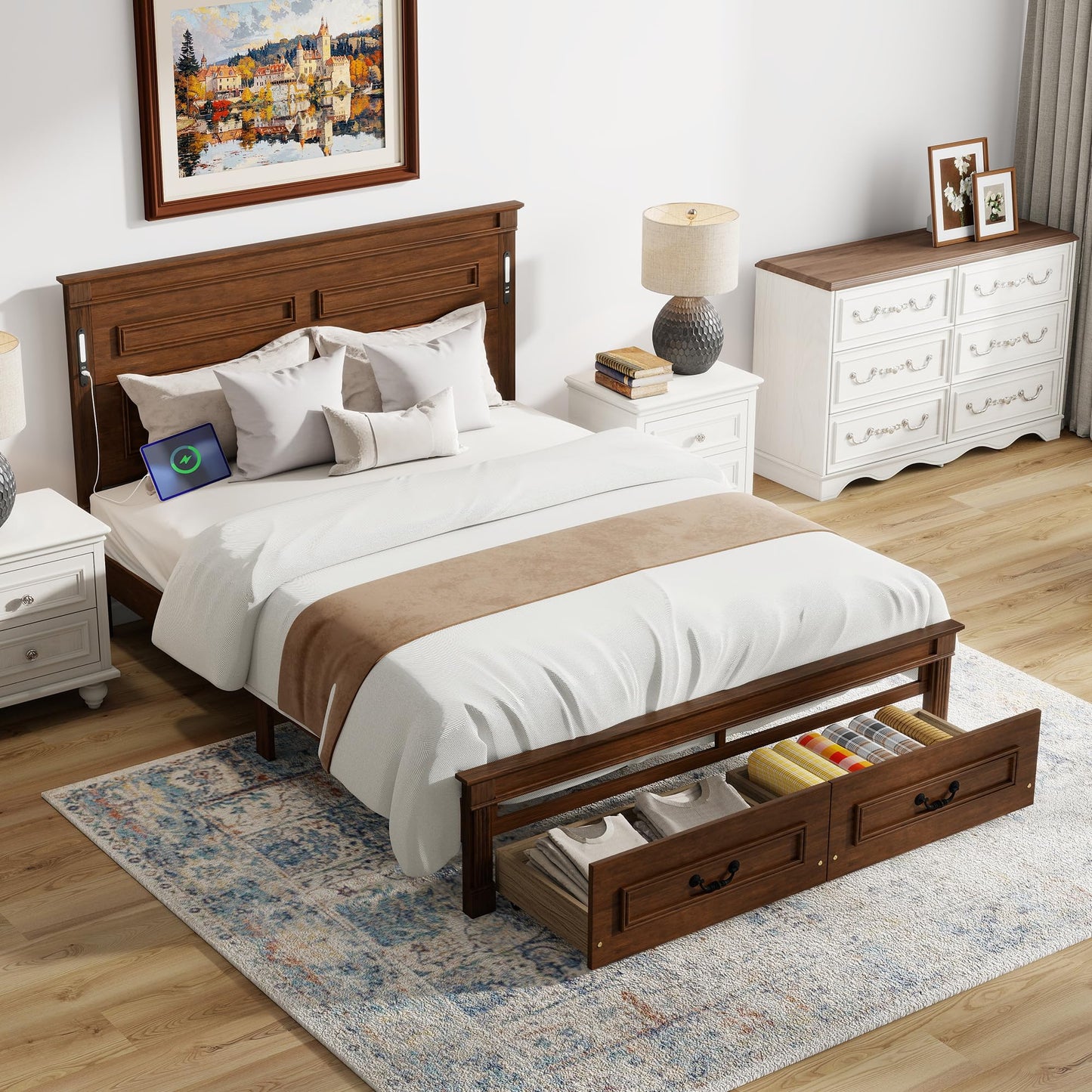 KEIKI Queen Size Farmhouse Bed Frame with 2 Storage Drawers & LED Lights & USB-C Charging Ports, Solid Wood Platform Bed with Tall Panel Headboard & Footboard, No Box Spring Needed, Walnut