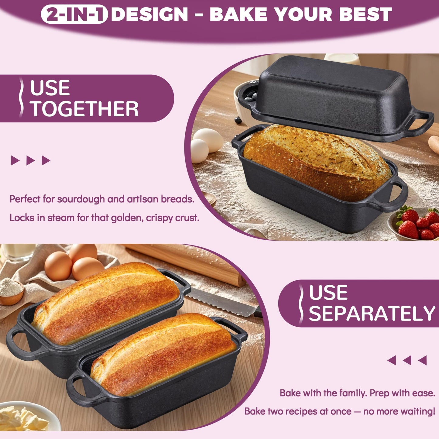 Vanderlume Cast Iron Loaf Pan with Lid 9x5 Inch, 2 in 1 Loaf Pans for Baking Bread, Even Heat Distribution for Sourdough, Homemade Bread