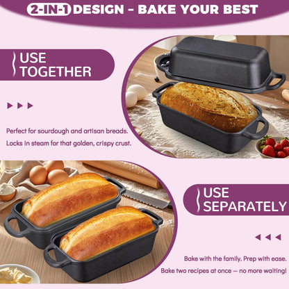 Vanderlume Cast Iron Loaf Pan with Lid 9x5 Inch, 2 in 1 Loaf Pans for Baking Bread, Even Heat Distribution for Sourdough, Homemade Bread