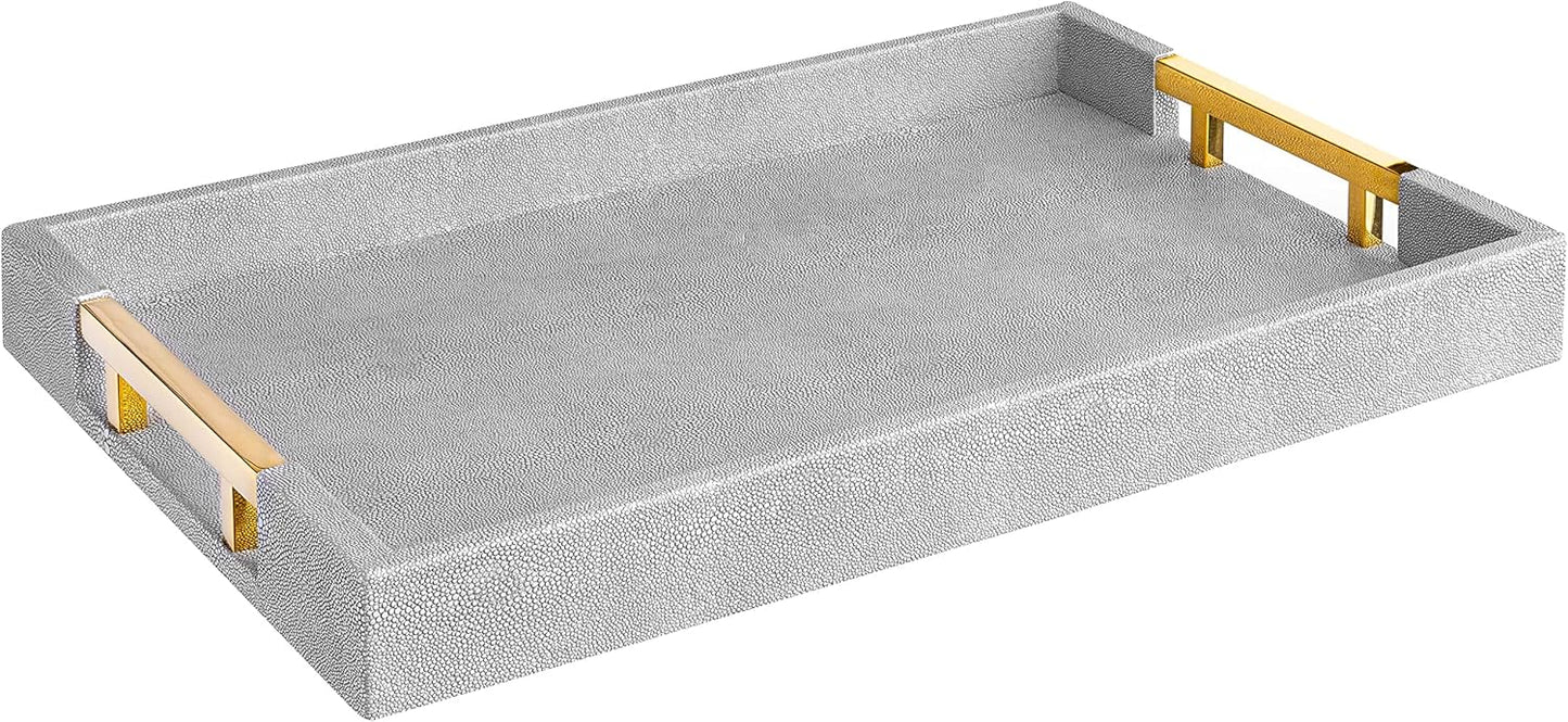 17.5"x12" Home Redefined Modern Elegant Rectangle Glossy Grey Shagreen Faux Leather Decorative Tray Ottoman Coffee