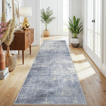 Skiennix Abstract 3x10 Kitchen Rug Runner - Washable Non-Slip Soft Indoor Carpet | Blue/Ivory Design for Living Room & Hallway