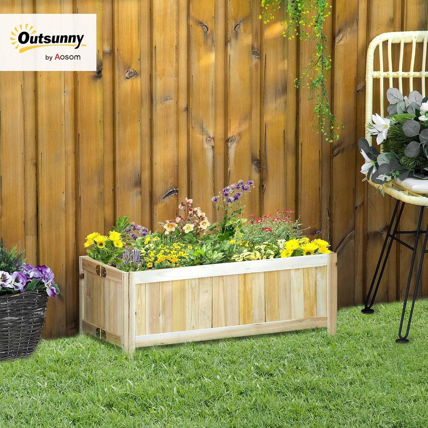 28'' 12'' 10" Outsunny Foldable Raised Garden Bed, Wooden Planter Box, Herb Garden Planter with Drainage Holes