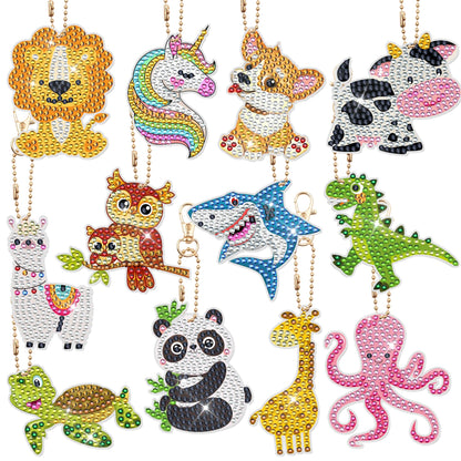 Augisteen 12 PCS Diamond Painting Keychains Kit Animals Diamond Art Ornaments Double Sided 5D Diamonds Key Rings DIY Diamonds Pendants for Beginners Birthday Crafting Home Party Decor
