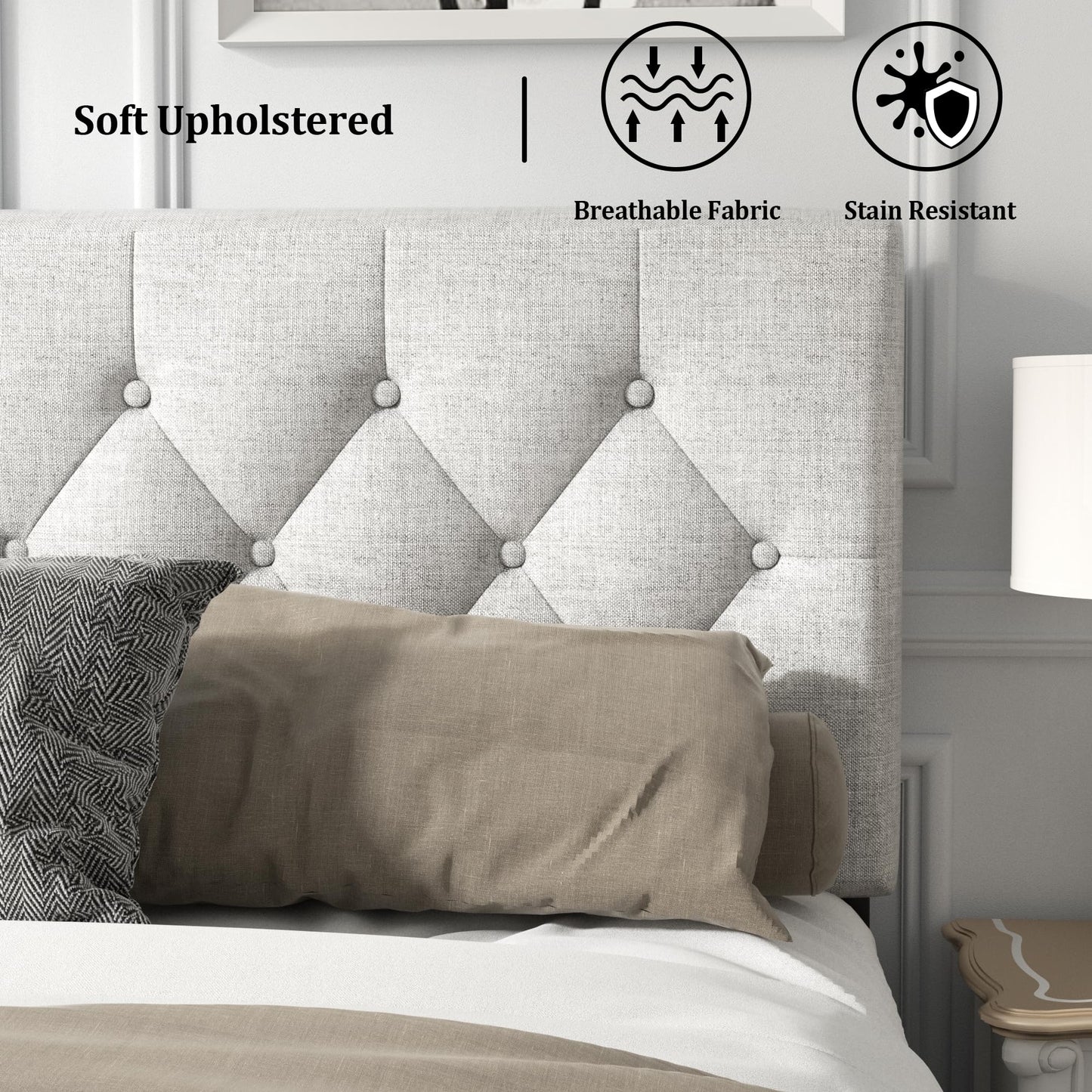 HAOARA King Size Platform Bed Frame with Upholstered Button Tufted Headboard, Mattress Foundation with Wooden Slat Support, Noise Free, No Box Spring Needed, Easy Assembly, Light Grey