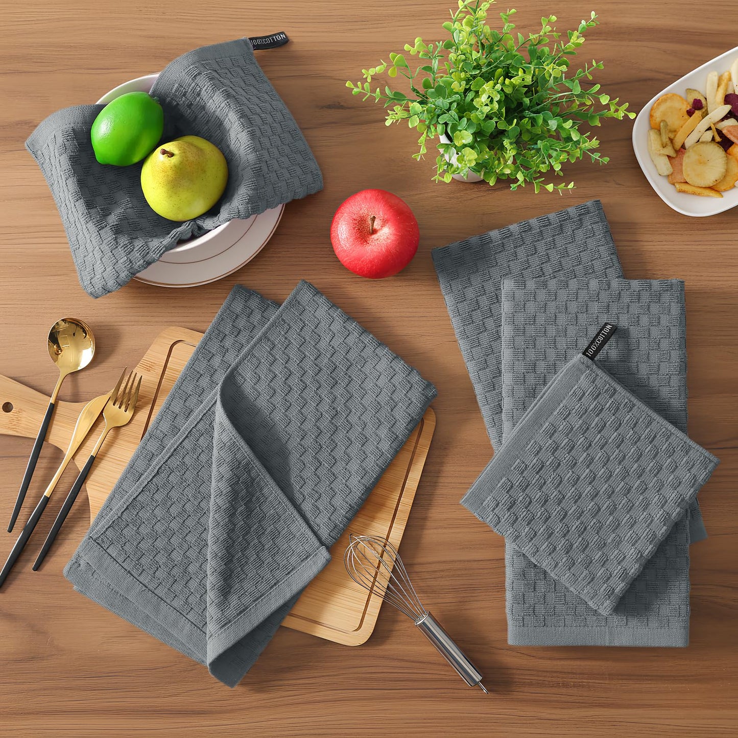 Homaxy 100% Cotton Terry Kitchen Towels(15" x 25", 6 Pack), Soft and Super Absorbent Dish Towels, 380 GSM Reusable Tea Towel with Hanging Loop, Pineapple Grid Designed, Dark Grey