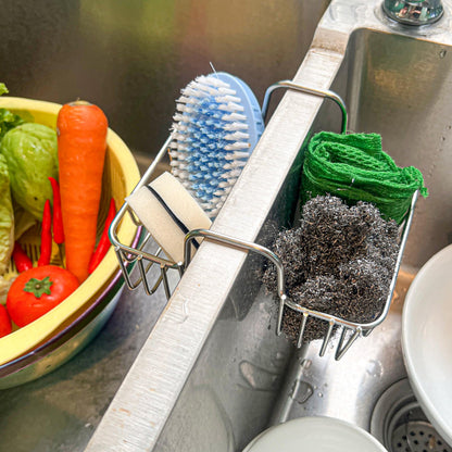 BuleVina Stainless Steel Sponge Holder for Kitchen Sink - Never Rust Hanging Saddle Double for Soap Kitchen Sink Caddy 2.2 inch, Rustproof Organizer for Dishwashing and Brush Drying