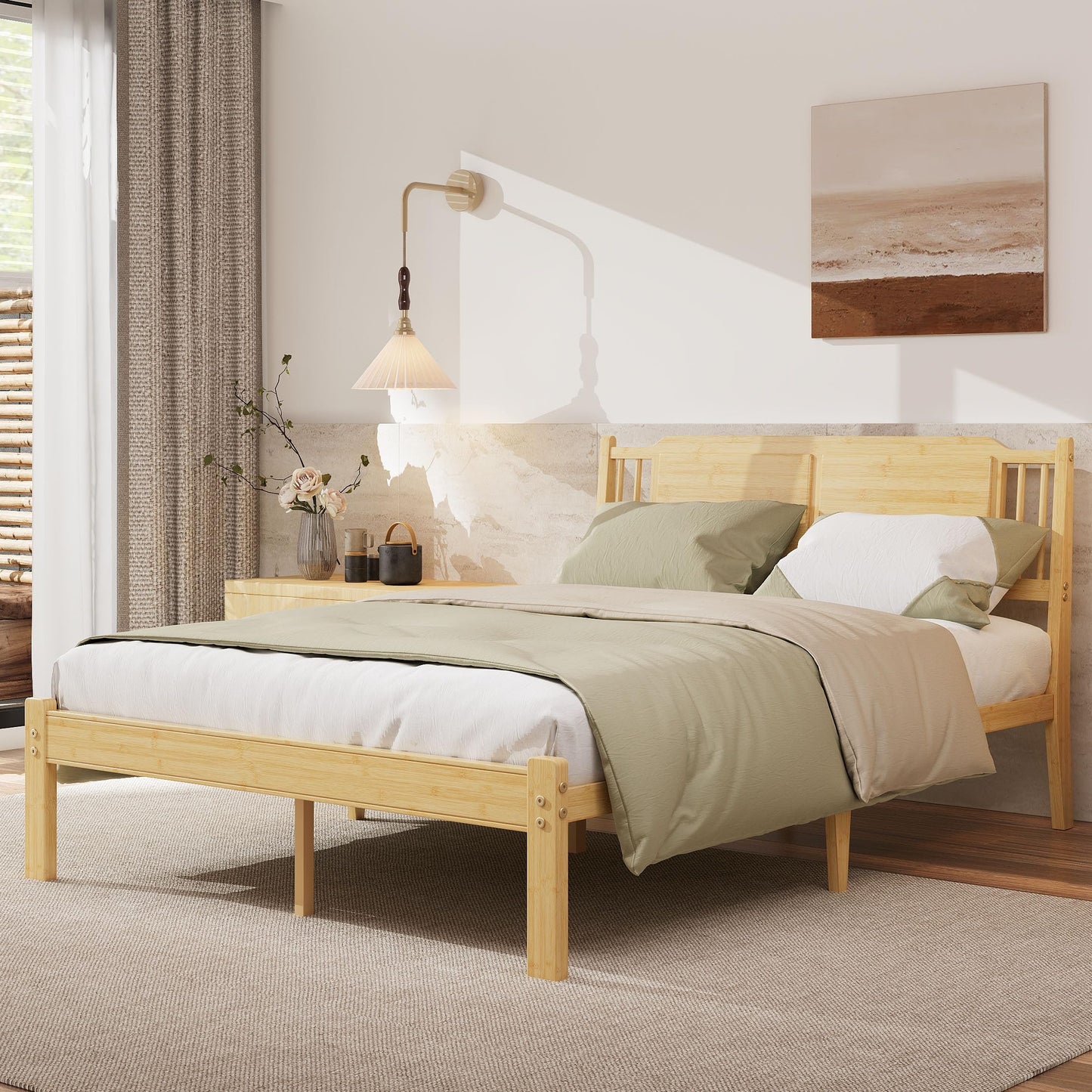COMASACH Full Size Bed Frame with Headboard, 14 Inch Full Bamboo Wood Platform Bed, Heavy Duty Metal Slat Support, No Box Spring Needed, Easy Assembly