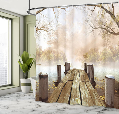 Ambesonne Fall Wooden Foggy Scene Lake River Print Shower Curtain - Extra Long, Beige Brown Taupe