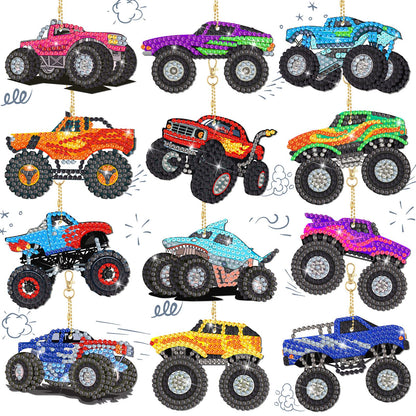 Thinkday 12 Pcs Trucks Diamond Art Kits for Kids Painting Keychainsdiy 5d Acrylic Truck Diamond Art Key Chains for Adults Vehicle Rhinestone Hanging Pendants for Beginners Bags