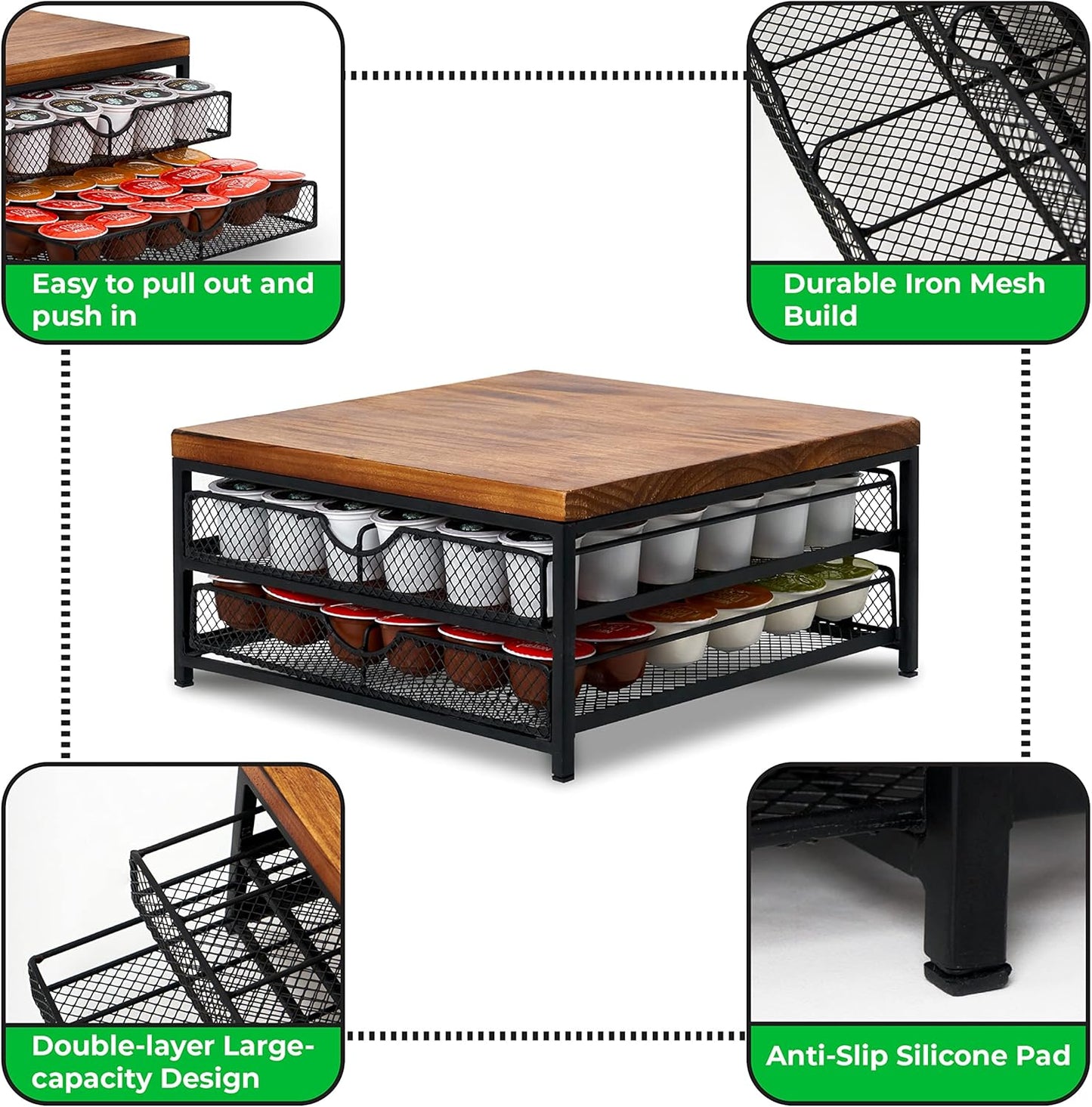 NHZ Coffee Pod Drawer Holder for K Cup, 2-Tier Organizer, No Assembly Required, K Cup Holder with 72 Capacity