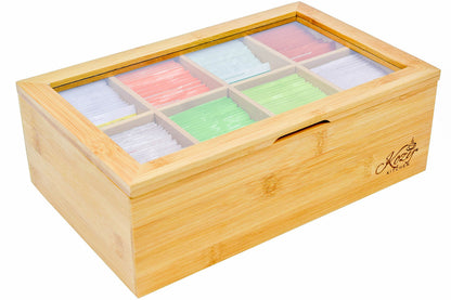 Kozy Kitchen Bamboo Tea Box Storage Organizer, 100% Natural Wooden Finish Tea Bag Organizer 8 Storage Compartments and Clear Shatterproof Hinged Lid