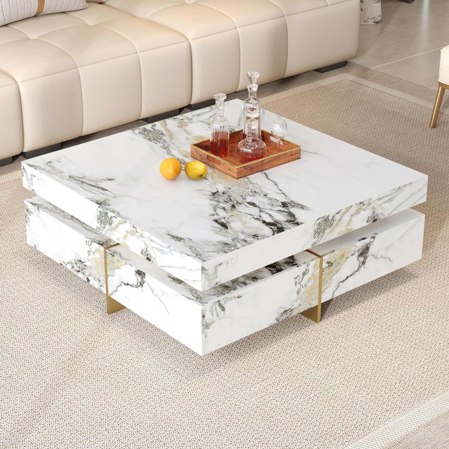 Merax 43.3 Inch Modern Large Square Coffee Table with Marble Textured Top, 4 Built-in Drawers Ample Storage and Floating Suspended Base, Modern Elegance White MDF Storage Center Table for Living Room