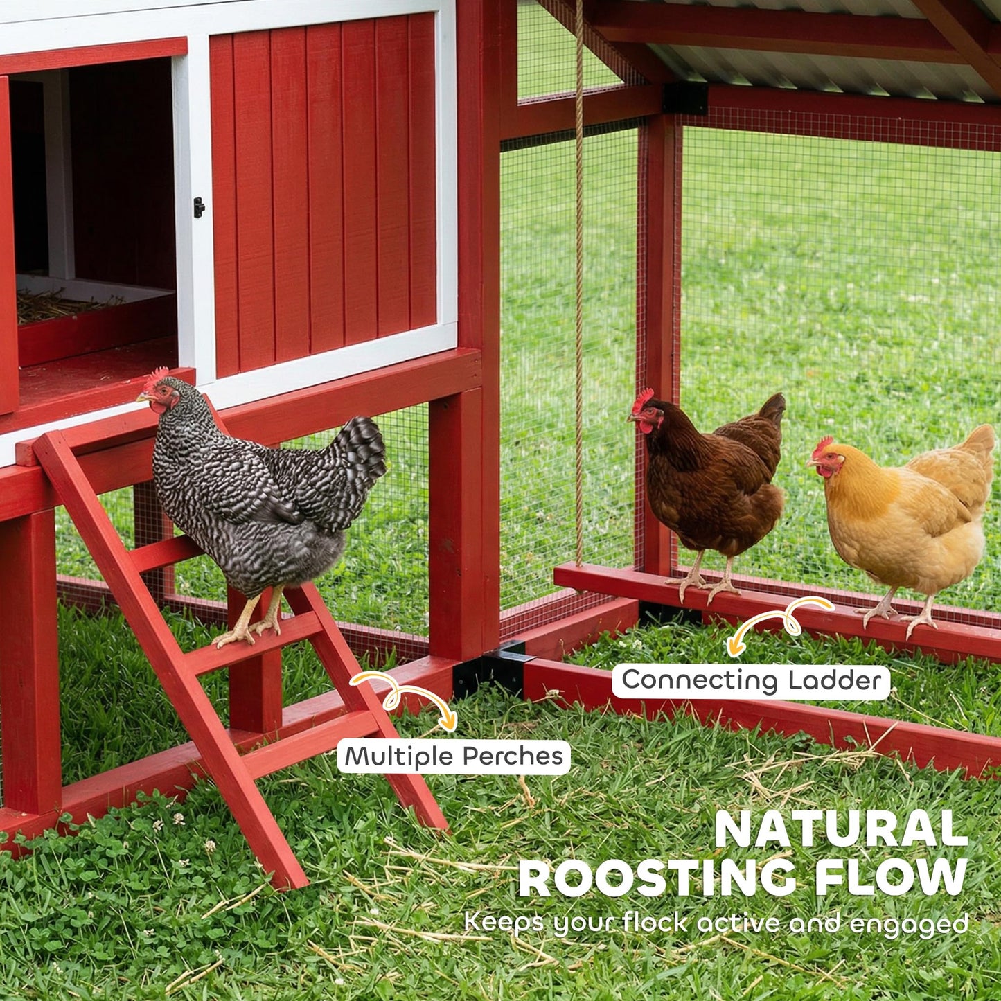 PawHut 187.3" Large Chicken Coop, Walk-in Wooden Hen House, Outdoor Poultry Cage w/Shovel, Run, Waterproof Roof, Nesting Box, Perches, Chicken House for 10-15 Hens, Rabbits, Ducks, for Farm Backyard