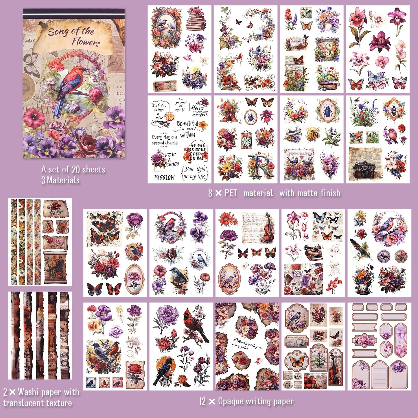 Dizdkizd 177 Pre-Cut Flower and Bird Scrapbook Sticker Book for Adults and Teens, Nature Themed Vintage Aesthetic Sticker Set, Journaling Supplies, Ephemera for Junk Journals