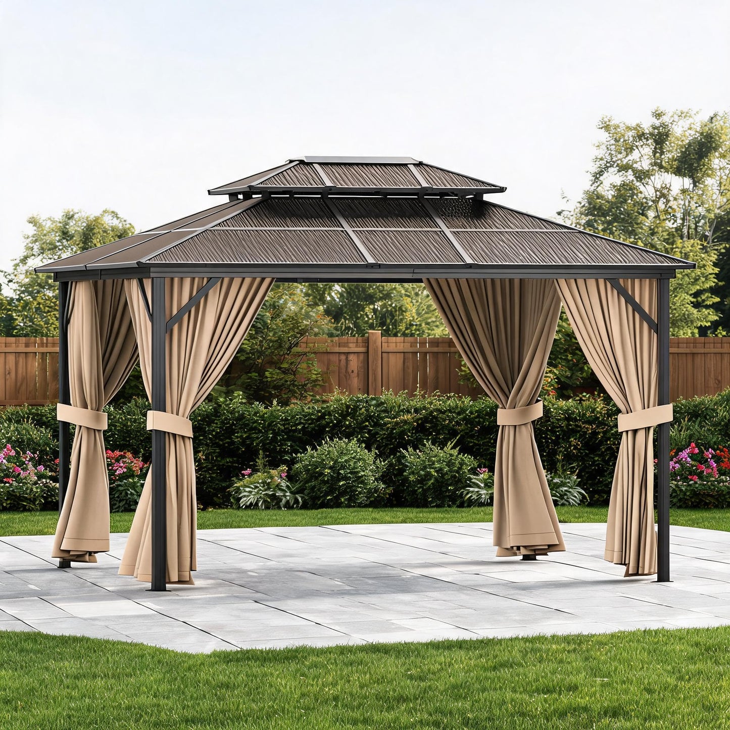 10' x 13' Hardtop Gazebo, Outdoor Aluminum Gazebo with Double Polycarbonate Roof, Permanent Patio Pavilion with Mosquito Netting and Privacy Curtains for Backyard, Garden, Lawn, Khaki