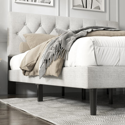 HAOARA King Size Platform Bed Frame with Upholstered Button Tufted Headboard, Mattress Foundation with Wooden Slat Support, Noise Free, No Box Spring Needed, Easy Assembly, Light Grey