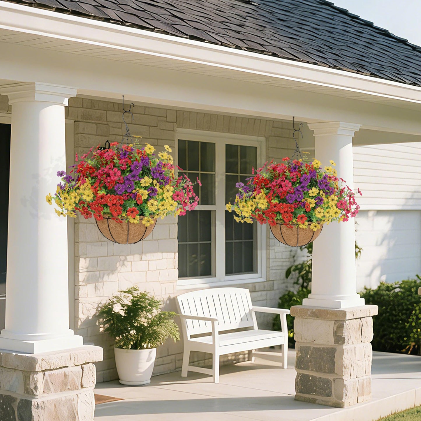 Senjie 2 Set Artificial Hanging Flowers with Basket for Outdoor Decor, UV Resistant 24 Bundles Faux Flowers Fake Hanging Planter for Porch Patio Balcony