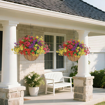 Senjie 2 Set Artificial Hanging Flowers with Basket for Outdoor Decor, UV Resistant 24 Bundles Faux Flowers Fake Hanging Planter for Porch Patio Balcony