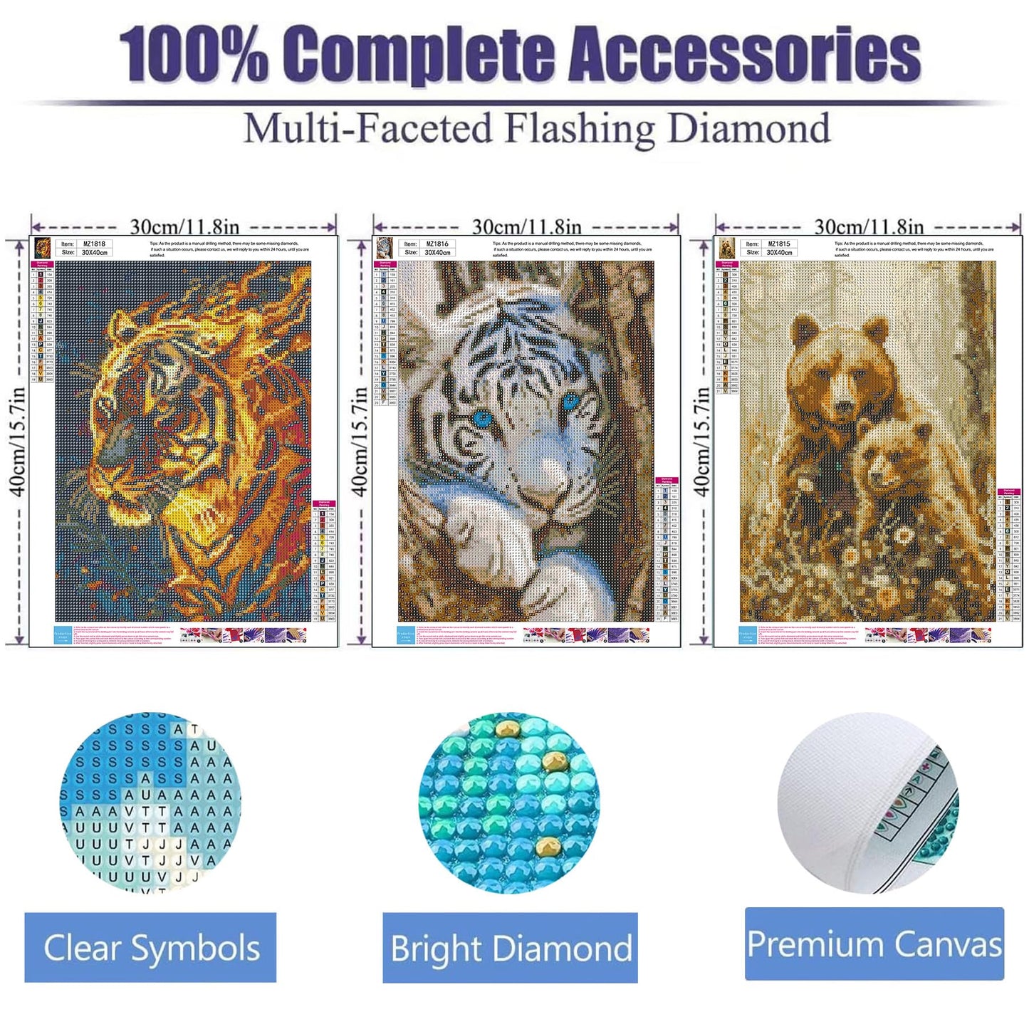 ijbnhd 3 Pack Diamond Art Kits for Adults, Animals Diamond Painting Kits for Adults Beginners, 5D DIY Paint with Diamonds Gem Art Dots Set for Home Wall Decor 12 x 16 Inch (Bear and Tiger)