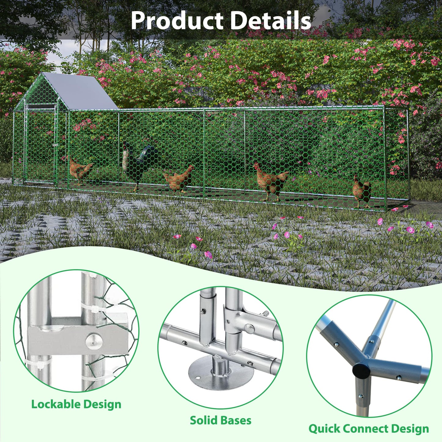 KEIKI Large Metal Chicken Coop, Metal Chicken Run with Waterproof Cover, Farm Poultry Run Hutch Hen House, Outdoor Walk-in Chicken Pen for Poultry Duck Rabbit, 16.33ft x 3.52ft x 4.97ft