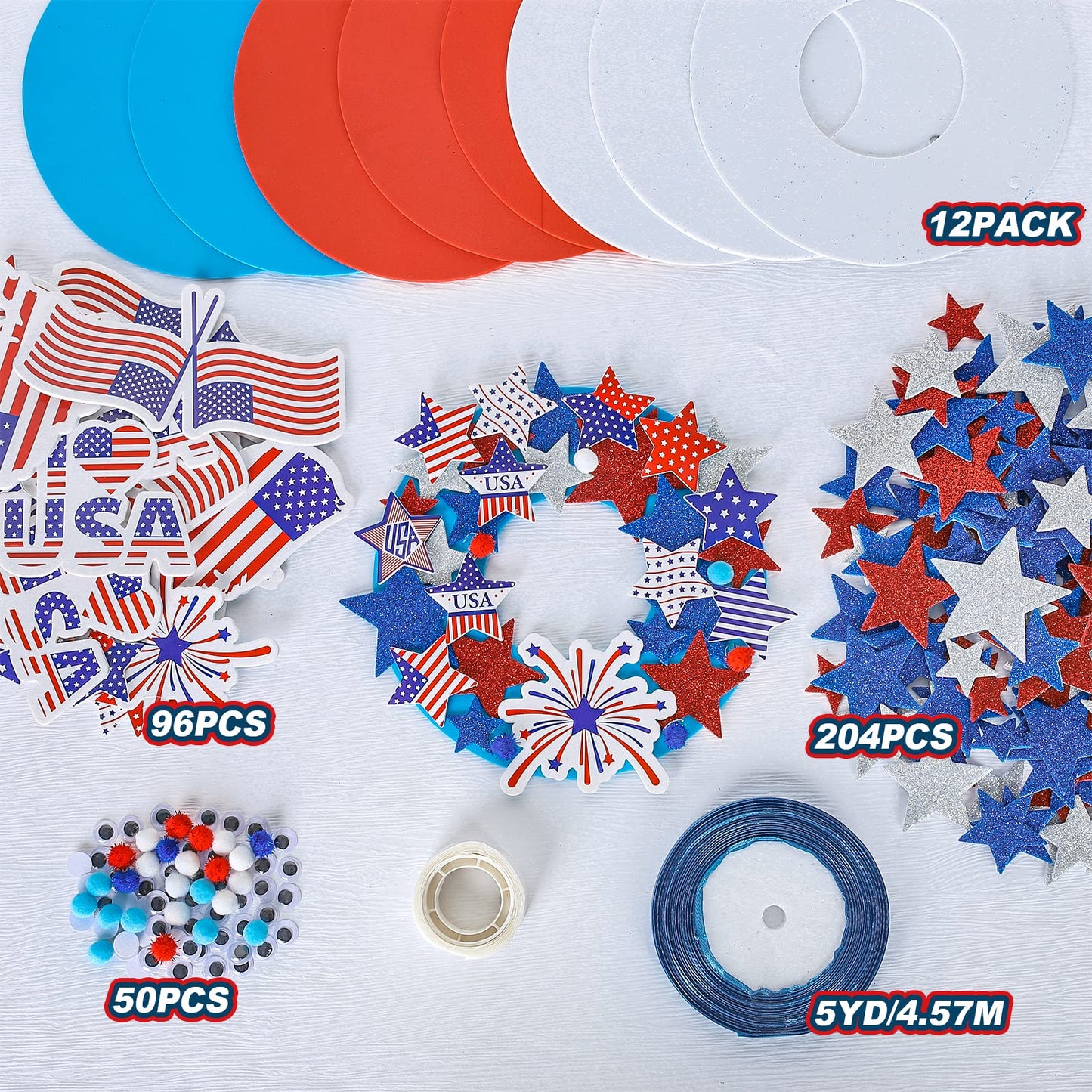 Whaline Patriotic Foam Wreath Crafts Kit American Flag Star Stickers, Glitter Star Stickers, Pompom Ball Eyes, Blue Ribbon 4th of July DIY Foam Wreath Signs for Independence Day Art Projects, 12Pcs
