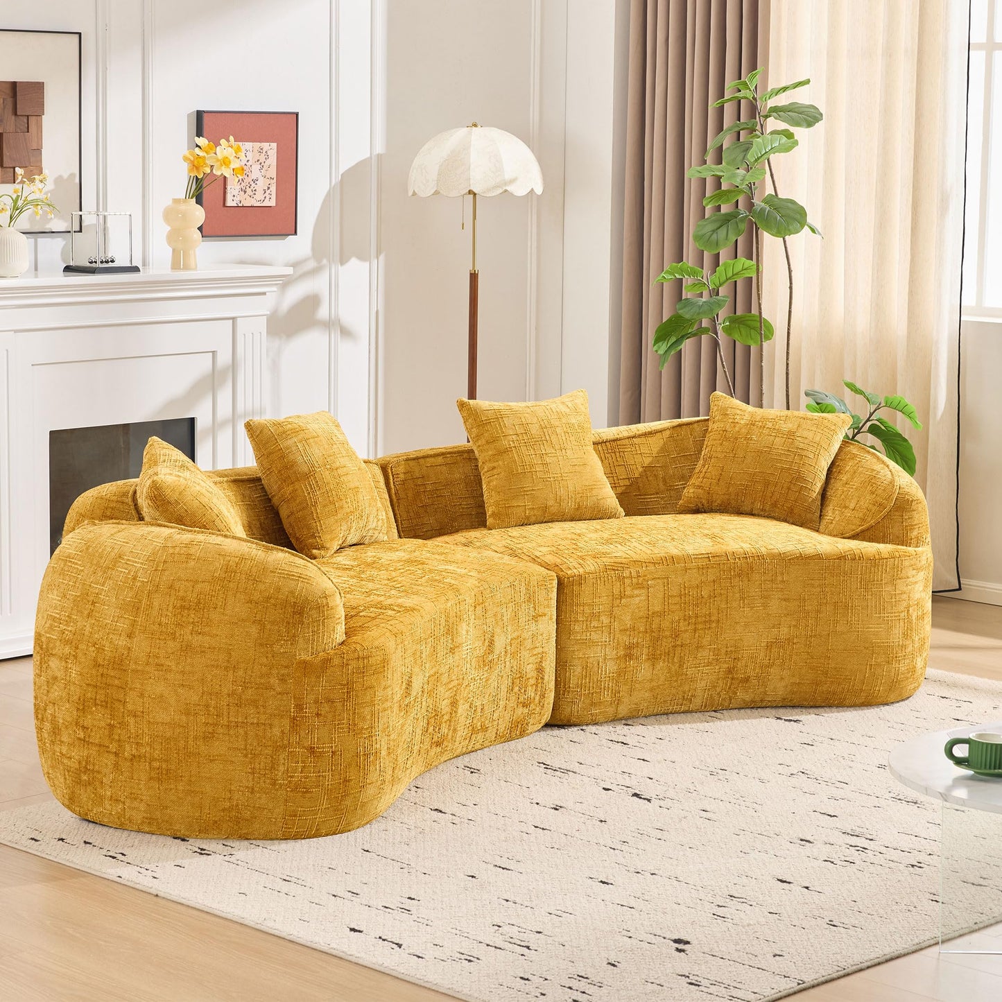 KEIKI 109.45" Curved Compressed Sofa, 4 Seat Couch with Round Armrest, Compression Seat for Living Room, Guest, Bedroom, No Assembly Required, Yellow