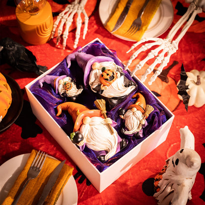 Valery Madelyn Gnomes Halloween Decorations Indoor, 2 Pcs Resin Gnome Decor for Home with Witch Hat Broom Jack O Lantern Moon, Halloween Figurines Elf Dwarf for Table Tiered Tray Outdoor, 3.6"