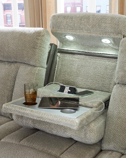 Signature Design by Ashley Point Clear Transitional Faux Leather Power Reclining Sofa with Drop Down Table, Lumbar Massage, LED Lights and Adjustable Headrest, Gray & Beige