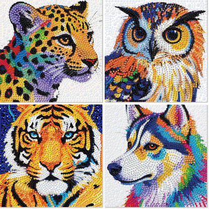 Libfx Diamond Art Kits for Kids 4 PCS Diamond Art for Girls Boys Beginners Arts and Crafts for Kids Ages 8-12 (Tiger Leopard owl Dog)