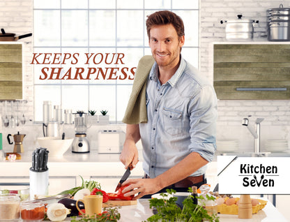 Kitchen Seven Universal Knife Block - Stainless Steel Kitchen Knife Holder Without Knives - Round Space -Saver Knife Storage Stand safely stores knives while keeping blades clean and sharp
