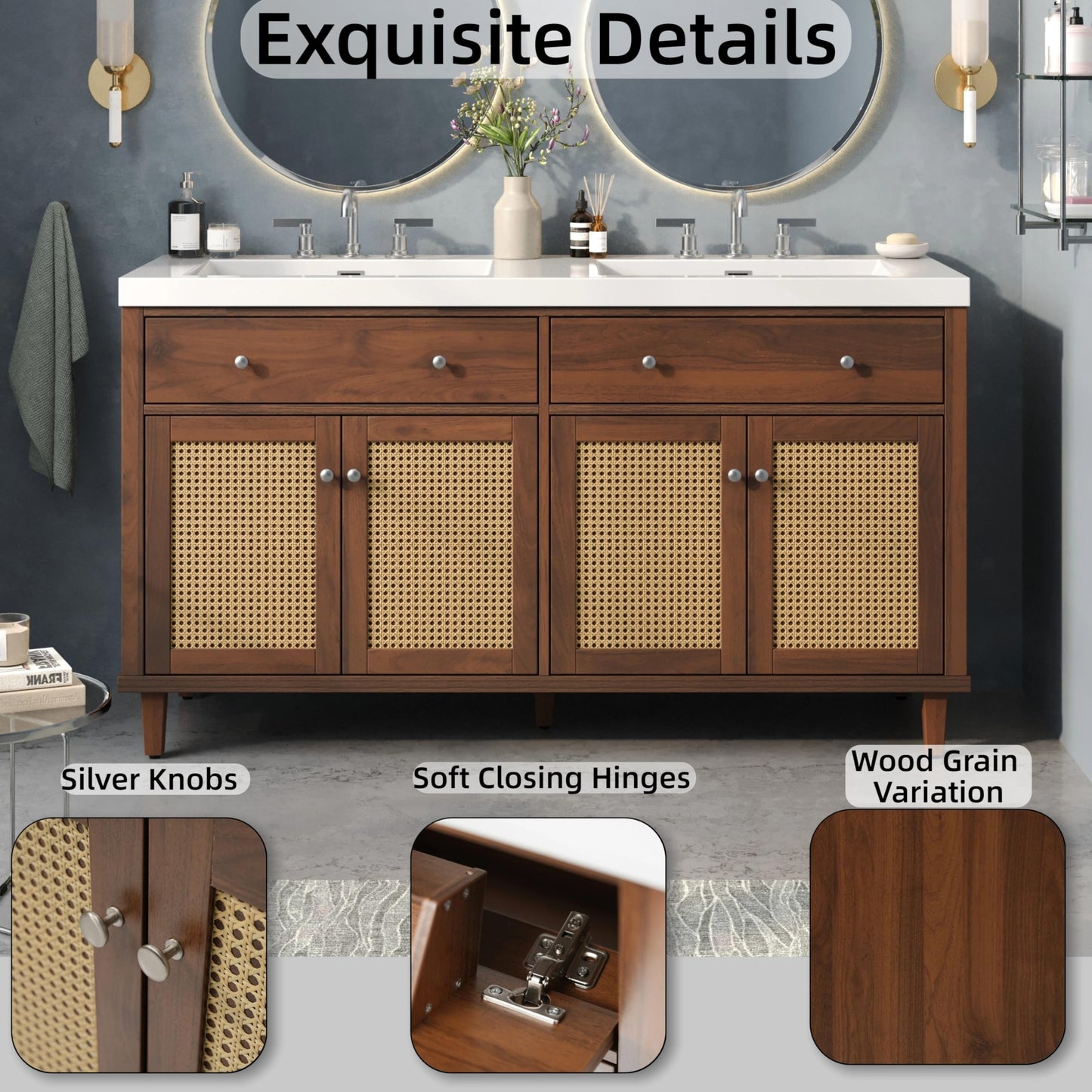 Merax 60 Inch Bathroom Vanity with Double Sink (SMC Sink), Large Storage Space with 2 Tip-Out Trays/Flip-Out Drawers and 4 Soft Closing Doors, Solid Wood Legs and Silver Metal Knobs, Brown
