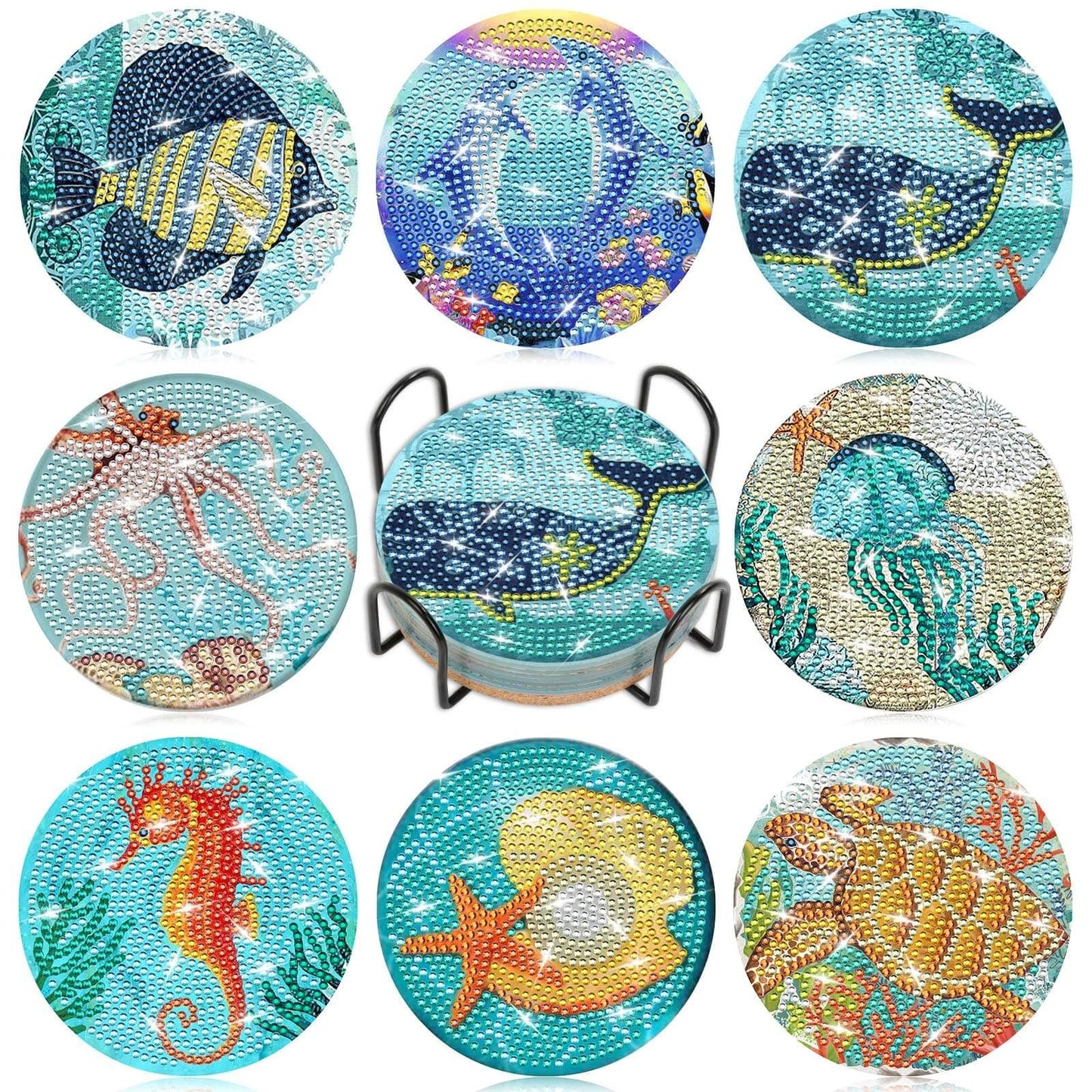 Billbotk 8 Pieces Diamond Painting Coasters Kit with Holder, Diamond Art Coasters, DIY Diamond Art Crafts Projects, Diamond Dot Kits for Adults and Beginners(Ocean Style)