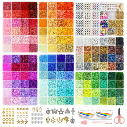 Redtwo 3mm 44500pcs Glass Seed Beads Kit, 7 Boxes 144 Colors Small Beads for Bracelets, Friendship Bracelet Kit with Charms and Letters