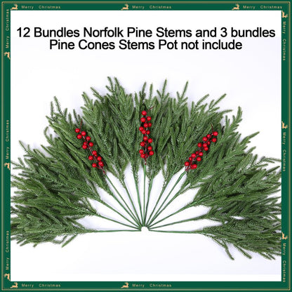florisso Artificial Faux Christmas Norfolk Pine Stems Branches for Vases,12 Bundles Fake Evergreen Real Touch Greenery Stem with 3 PCS Red Berry Branches for Xmas Holiday Winter Table Indoor Decor
