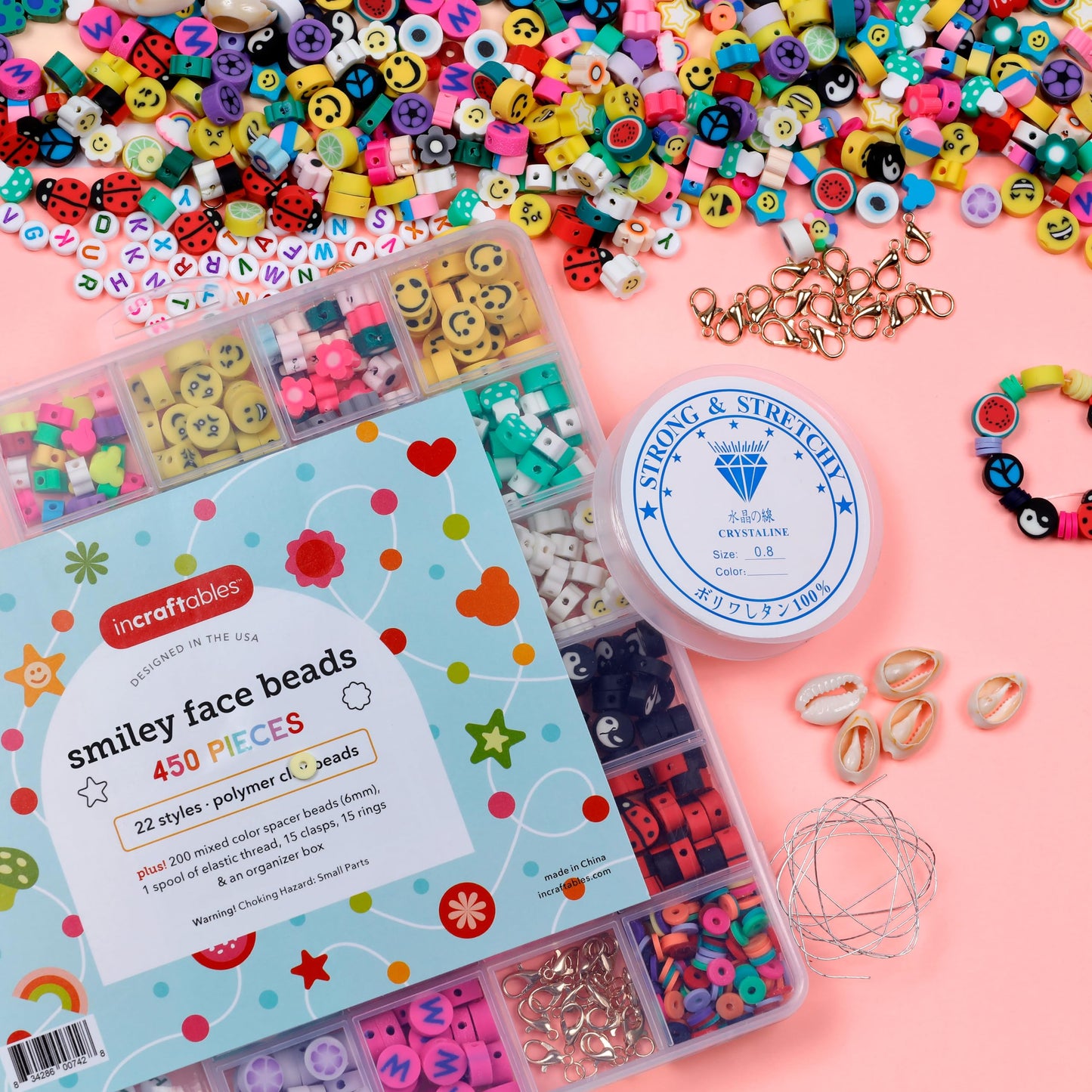 Incraftables Smiley Face Bracelet Kit – 450 Clay Beads with Flowers, Cute Charms & Small Accent Beads – DIY Jewelry Making Kit – Bracelet Supplies for Craft Projects