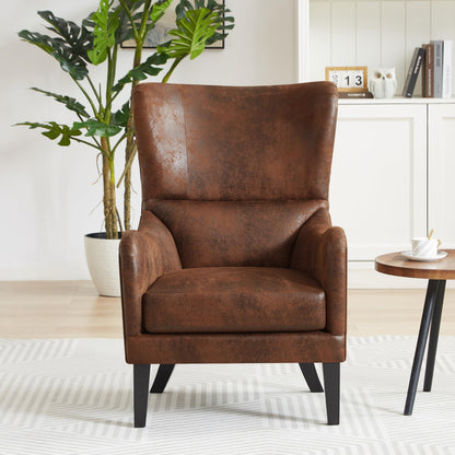 Christopher Knight Home Elber Mid-Century Modern Wingback Accent Chair, Faux Suede Upholstered Club Chair with Cushion, Wooden Living Room Lounge Chair for Reading, Relaxation, Brown