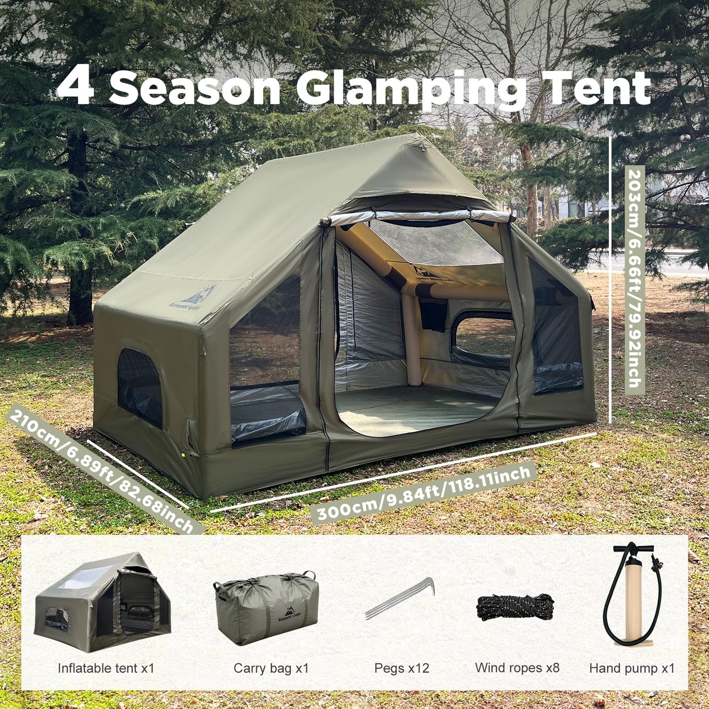 Romantic Camp Inflatable Camping Tent for 4-6 Person, Waterproof Blow up Tent with Pump, 4-Season Hot Tent for Camping & Hiking