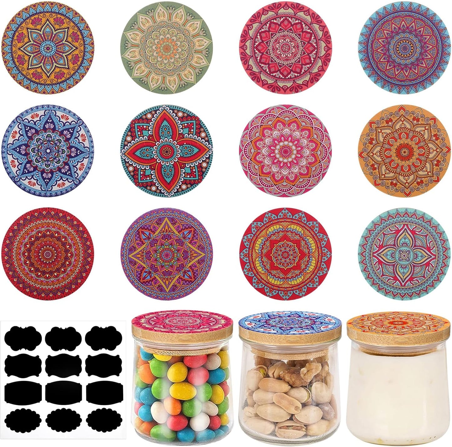 12 12 Jars(2.64 Inches) Uiifan Pcs Yogurt Jar Lids Reusable Bamboo Wooden Mandala Pattern Lids Compatible with Oui