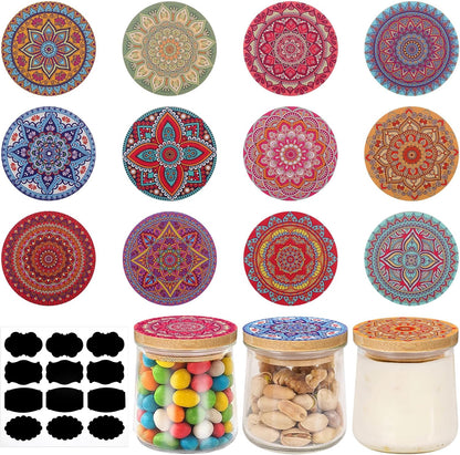 12 12 Jars(2.64 Inches) Uiifan Pcs Yogurt Jar Lids Reusable Bamboo Wooden Mandala Pattern Lids Compatible with Oui