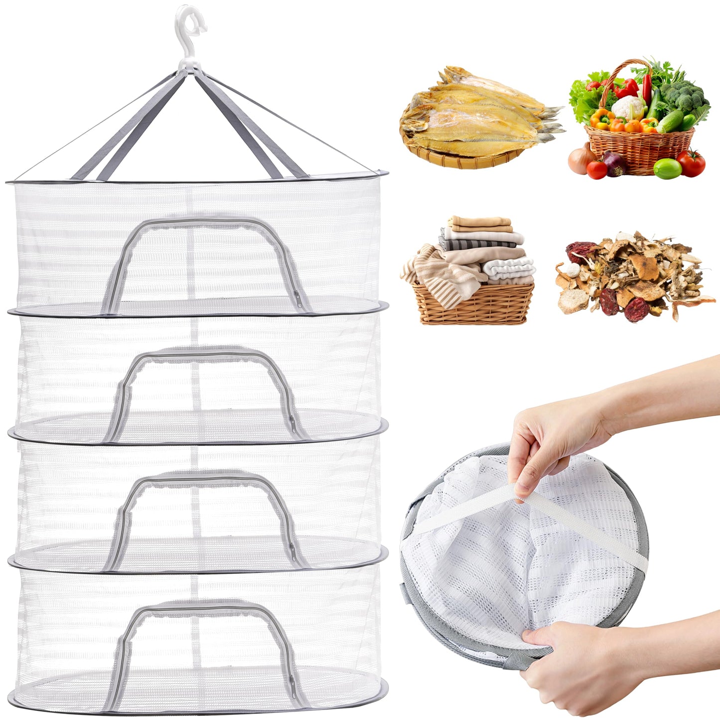 Coloch 4 Layer Herb Drying Rack with Zipper, Hanging Mesh Net Collapsible Food Drying Fish Net Hanging Basket Dryer Net for Seeds, Buds, Fruits, Vegetables, Herbs, Fish, Clothes, Doll