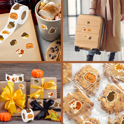 Kirako 600Pcs Fall Stickers Roll of 8 Cute Pumpkin Maple Leaves Animals Self Adhesive Labels Decals Seasonal Harvest Envelope Seals Scrapbooking DIY Crafts Decor Thanksgiving Autumn Party Favors Gift