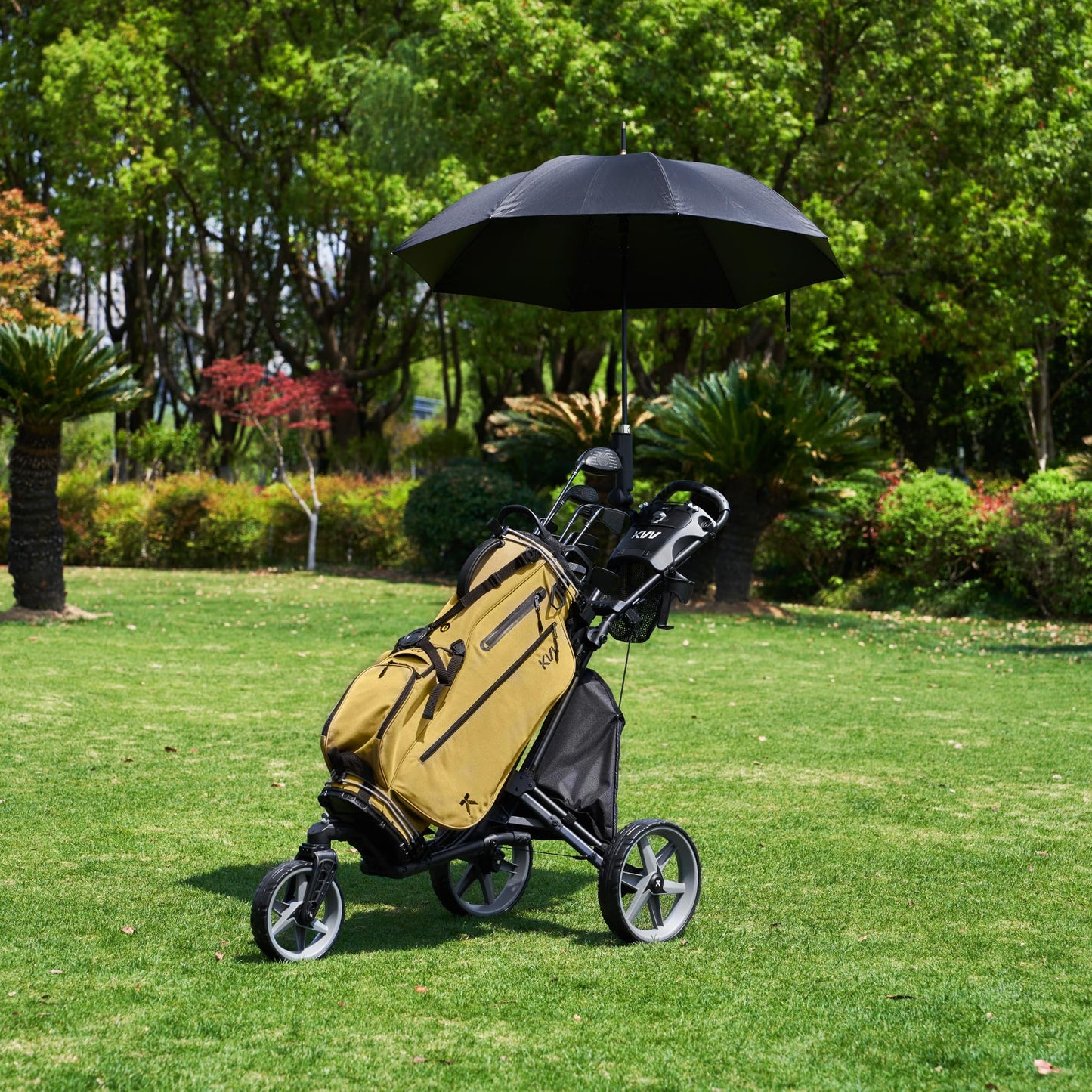 KVV 3 Wheel 360 Rotating Front Wheel Foldable/Collapsible Golf Push Cart with Foot Brake Open and Close in ONE Second-Free Umbrella Holder Included(Black/Charcoal)
