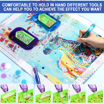 Outus 31 Pcs 5D DIY Diamond Tools Kit with Handmade Resin Painting Pens, Anti-Slip Mats, Plastic Diamond Trays, Clay Boxes, Drill Point Accessories for Adults DIY Craft(Sky Purple, Blue)
