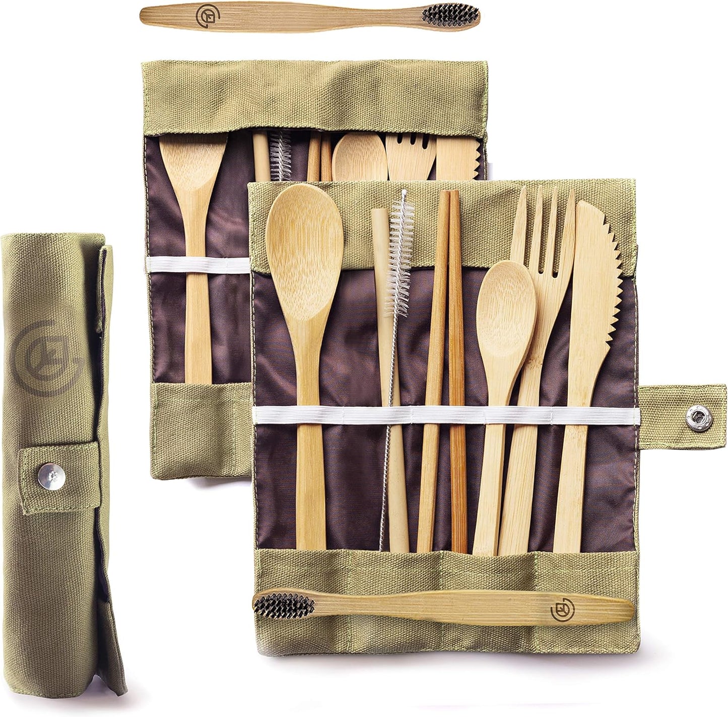 Greenzla Double Pack Bamboo Utensils Set with Bonus Toothbrush Pair, Reusable Wooden Cutlery & Storage Bags